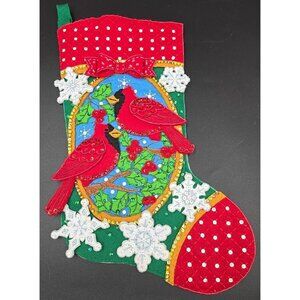 Finished Bucilla Christmas Felt Stocking Cardinals & Holly Berries Snowflakes